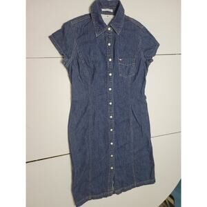 Tommy Hilfiger Women Petite Small 4 Dress Blue Jean Pocket Silver Button Up